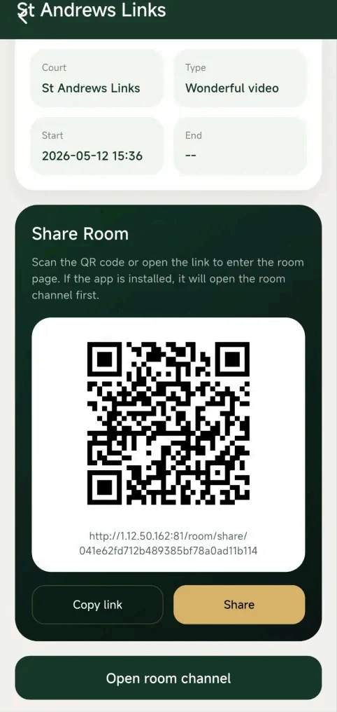 Golfeye live room share link and QR code