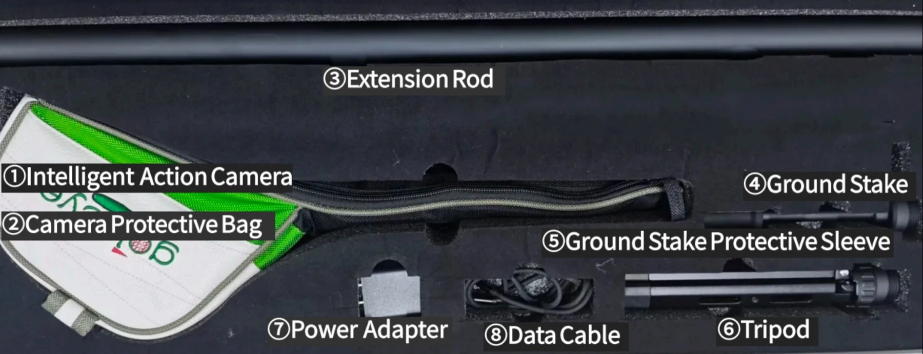 Golfeye G20 package contents including camera, protective bag, extension rod, ground stake, protective sleeve, tripod, power adapter, and data cable